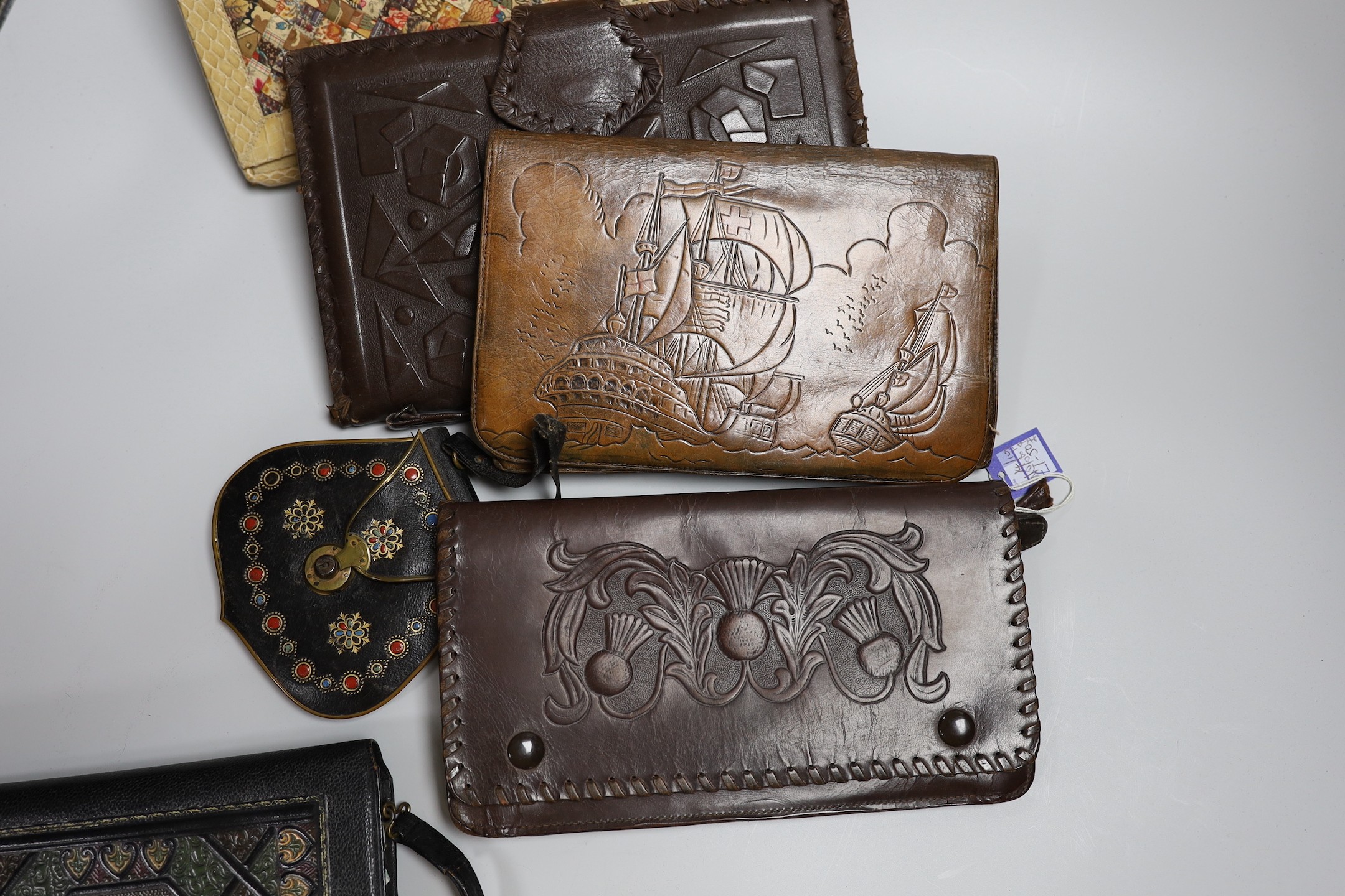 A small collection of unusual stained leather and a patchwork fabric and snake skin clutch bag (6)